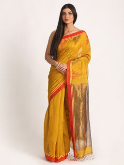 Angoshobha - Dark Yellow Cotton Blended Handloom Jamdani Saree with Unstitched Blouse