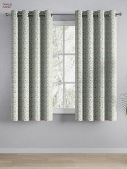 Haus & Kinder - 100% Cotton Printed Window Curtain Pink Blossom Teal (4X5 Feet)