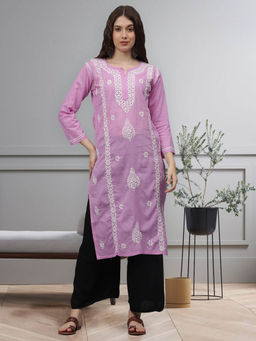 Seva Chikan - Hand Embroidered Mauve Cotton Lucknowi Chikankari Kurta