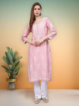 Seva Chikan - Hand Embroidered Pink Cotton Lucknowi Chikankari Kurta