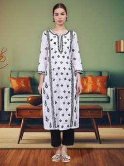 Seva Chikan - Hand Embroidered Black & White Cotton Lucknowi Chikankari Kurta