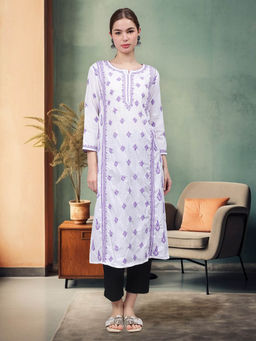 Seva Chikan - Hand Embroidered Mauve & White Cotton Lucknowi Chikankari Kurta