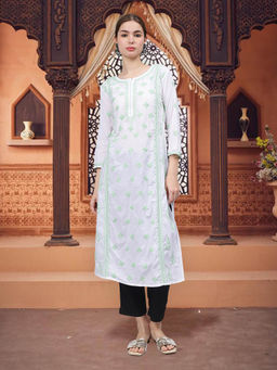 Seva Chikan - Hand Embroidered Green & White Cotton Lucknowi Chikankari Kurta