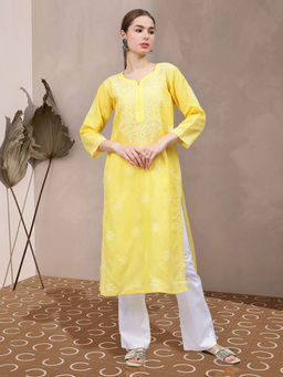 Seva Chikan - Hand Embroidered Yellow Cotton Lucknowi Chikankari Kurta
