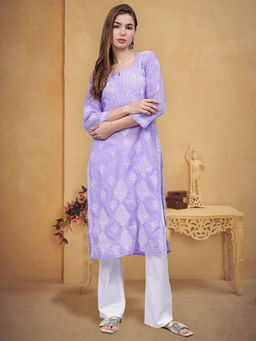 Seva Chikan - Hand Embroidered Mauve Cotton Lucknowi Chikankari Kurta