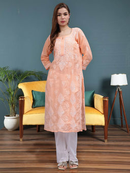 Seva Chikan - Hand Embroidered Peach Cotton Lucknowi Chikankari Kurta