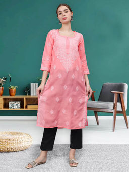 Seva Chikan - Hand Embroidered Peach Cotton Lucknowi Chikankari Kurta