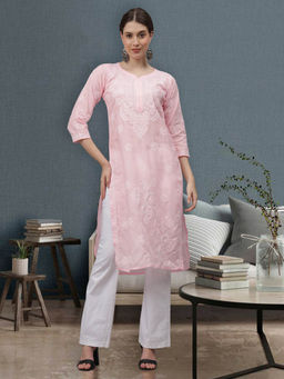 Seva Chikan - Hand Embroidered Pink Cotton Lucknowi Chikankari Kurta