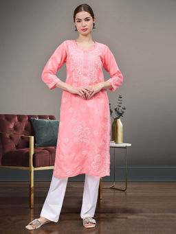 Seva Chikan - Hand Embroidered Peach Cotton Lucknowi Chikankari Kurta