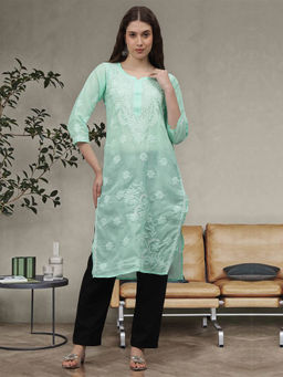 Seva Chikan - Hand Embroidered Sea Green Cotton Lucknowi Chikankari Kurta