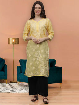 Seva Chikan - Hand Embroidered Yellow Cotton Lucknowi Chikankari Kurta