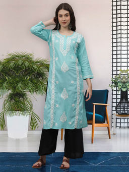 Seva Chikan - Hand Embroidered Blue Cotton Lucknowi Chikankari Kurta