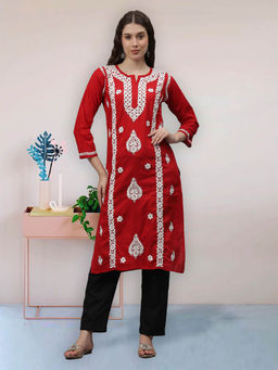 Seva Chikan - Hand Embroidered Red Cotton Lucknowi Chikankari Kurta