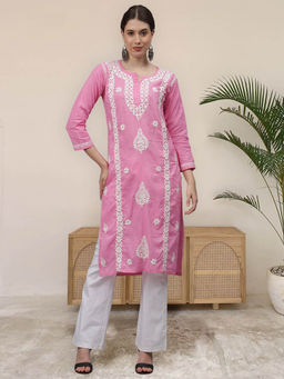 Seva Chikan - Hand Embroidered Pink Cotton Lucknowi Chikankari Kurta