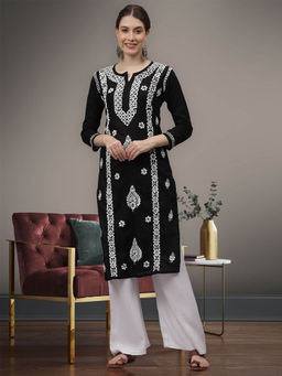 Seva Chikan - Hand Embroidered Black Cotton Lucknowi Chikankari Kurta