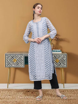 Seva Chikan - Hand Embroidered Grey Georgette Lucknowi Chikankari Kurta with Inner (Set of 2)
