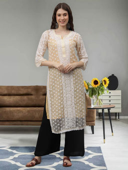 Seva Chikan - Hand Embroidered Beige Georgette Lucknowi Chikankari Kurta with Inner (Set of 2)