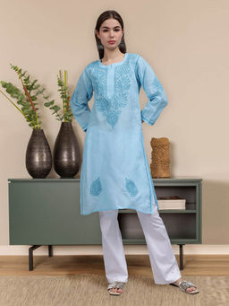 Seva Chikan - Hand Embroidered Blue Cotton Lucknowi Chikankari Kurta