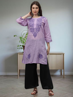 Seva Chikan - Hand Embroidered Mauve Cotton Lucknowi Chikankari Kurta