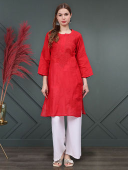 Seva Chikan - Hand Embroidered Red Cotton Lucknowi Chikankari Kurta