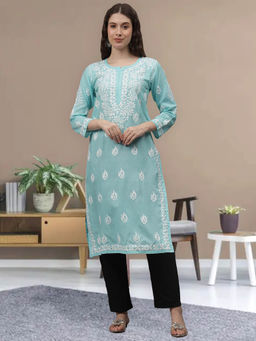Seva Chikan - Hand Embroidered Sea Green Cotton Lucknowi Chikankari Kurta