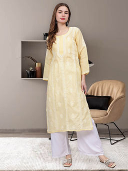 Seva Chikan - Hand Embroidered Yellow Terivoil Cotton Lucknowi Chikankari Kurta