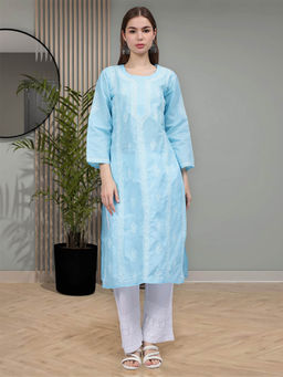 Seva Chikan - Hand Embroidered Blue Terivoil Cotton Lucknowi Chikankari Kurta