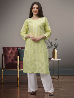 Seva Chikan - Hand Embroidered Pista Green Terivoil Cotton Lucknowi Chikankari Kurta