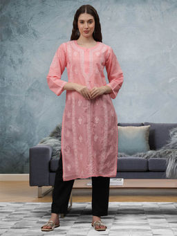 Seva Chikan - Hand Embroidered Peach Terivoil Cotton Lucknowi Chikankari Kurta