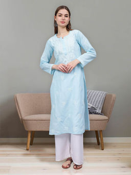 Seva Chikan - Hand Embroidered Blue Cotton Lucknowi Chikankari Kurta