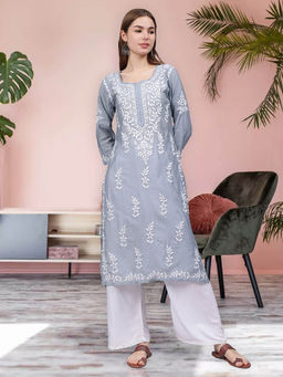 Seva Chikan - Hand Embroidered Grey & White Chanderi Lucknowi Chikankari Kurta