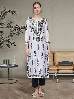 Seva Chikan - Hand Embroidered White & Black Chanderi Lucknowi Chikankari Kurta