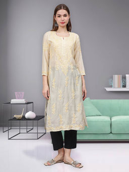 Seva Chikan - Hand Embroidered Beige Chanderi Lucknowi Chikankari Kurta
