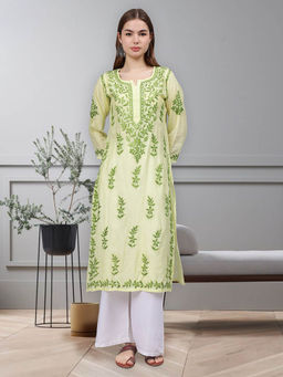 Seva Chikan - Hand Embroidered Green Chanderi Lucknowi Chikankari Kurta