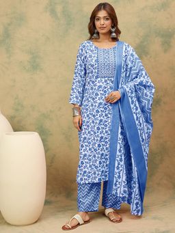 Varanga - Blue Floral Printed Kurta with Pant and Dupatta