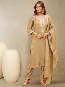 Varanga - Beige Zari Embroidered Yoke Kurta with Pant and Dupatta