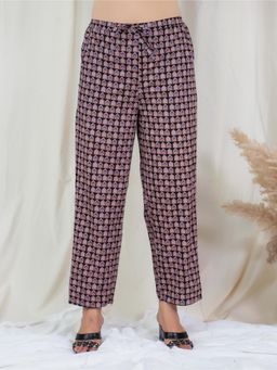 ARAMYA - Black Soft Cotton Ajrakh Printed Pant for Women