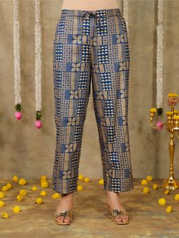 ARAMYA - Blue Viscose Gold Geometric Printed Pant for Women
