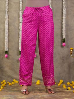 ARAMYA - Pink Viscose Gold Foil Printed Pant for Women