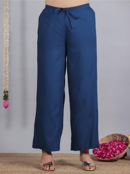 ARAMYA - Navy Blue Viscose Solid Palazzo for Women