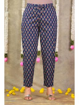 ARAMYA - Navy Blue Soft Cotton Floral Printed Pant for Women