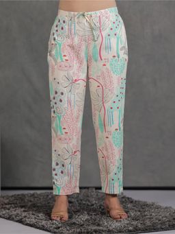 ARAMYA - Off White Linen Cotton Floral Printed Pant for Women