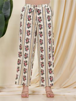 ARAMYA - Cream Soft Cotton Floral Printed Pant for Women