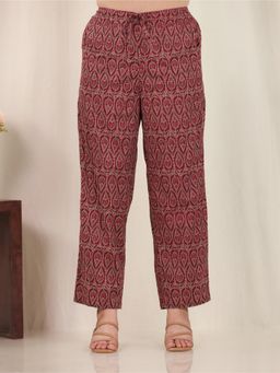 ARAMYA - Maroon Soft Cotton Geometric Print Pant for Women