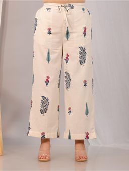 ARAMYA - Off White Linen Cotton Floral Printed Palazzo for Women