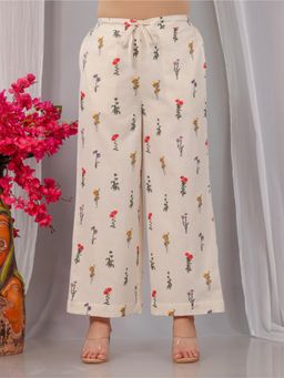 ARAMYA - Off White Linen Cotton Floral Printed Palazzo for Women