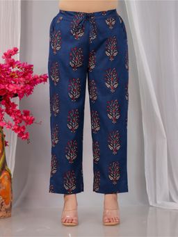 ARAMYA - Navy Blue Soft Cotton Floral Printed Pant for Women