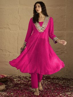 Varanga - Pink Printed Leheriya and Mirror Work Anarkali Kurta with Pant