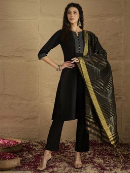 Varanga - Black Solid Thread Work Kurta with Pant and Dupatta