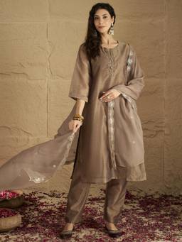 Varanga - Brown Embellished Kurta with Pant and Embroidered Dupatta